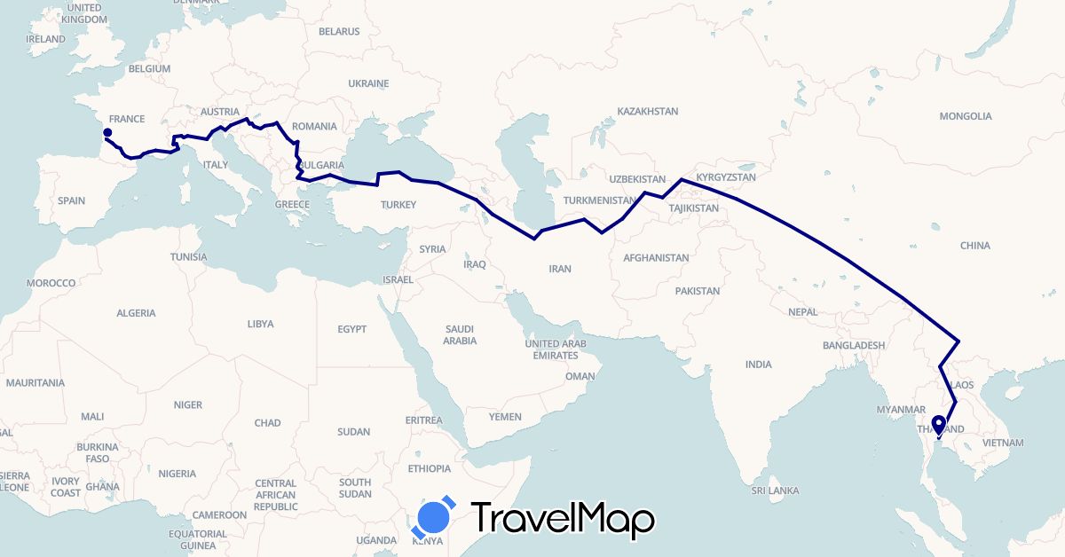 TravelMap itinerary: driving in Bulgaria, China, France, Greece, Croatia, Hungary, Iran, Italy, Laos, Macedonia, Romania, Serbia, Slovenia, Thailand, Turkmenistan, Turkey, Uzbekistan (Asia, Europe)